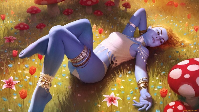 blue-skinned woman in a mushroom field