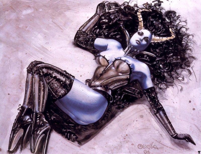 blue-skinned woman in armor