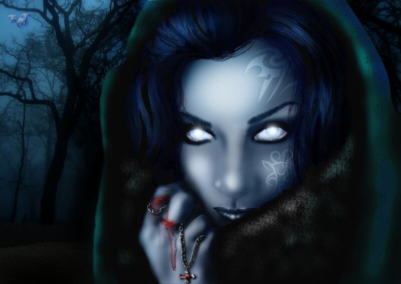 blue-skinned woman in dark forest