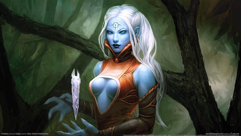 blue-skinned woman in forest