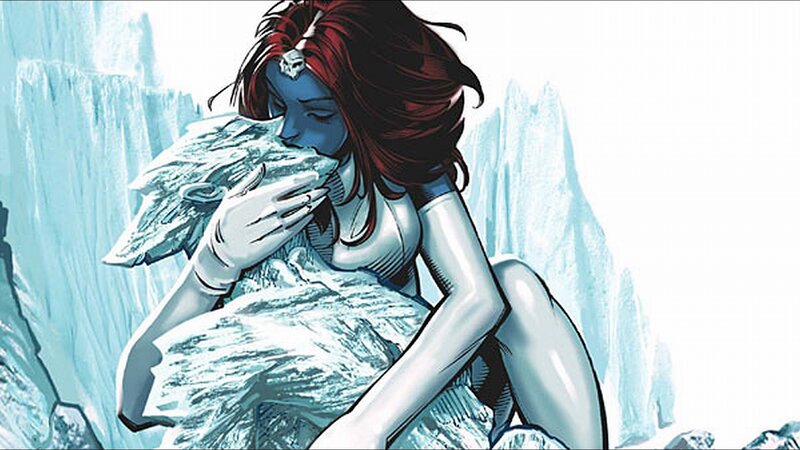 blue-skinned woman in ice