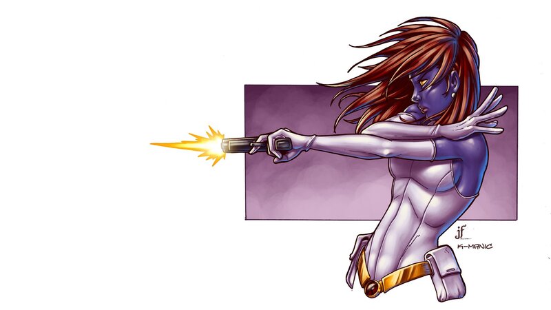 Blue-skinned Woman Shooting Gun