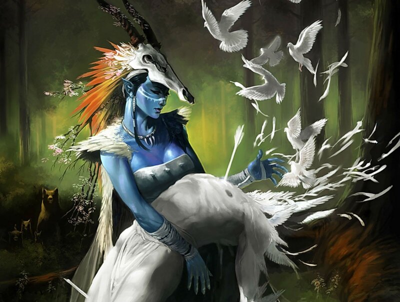 Blue-skinned woman with birds