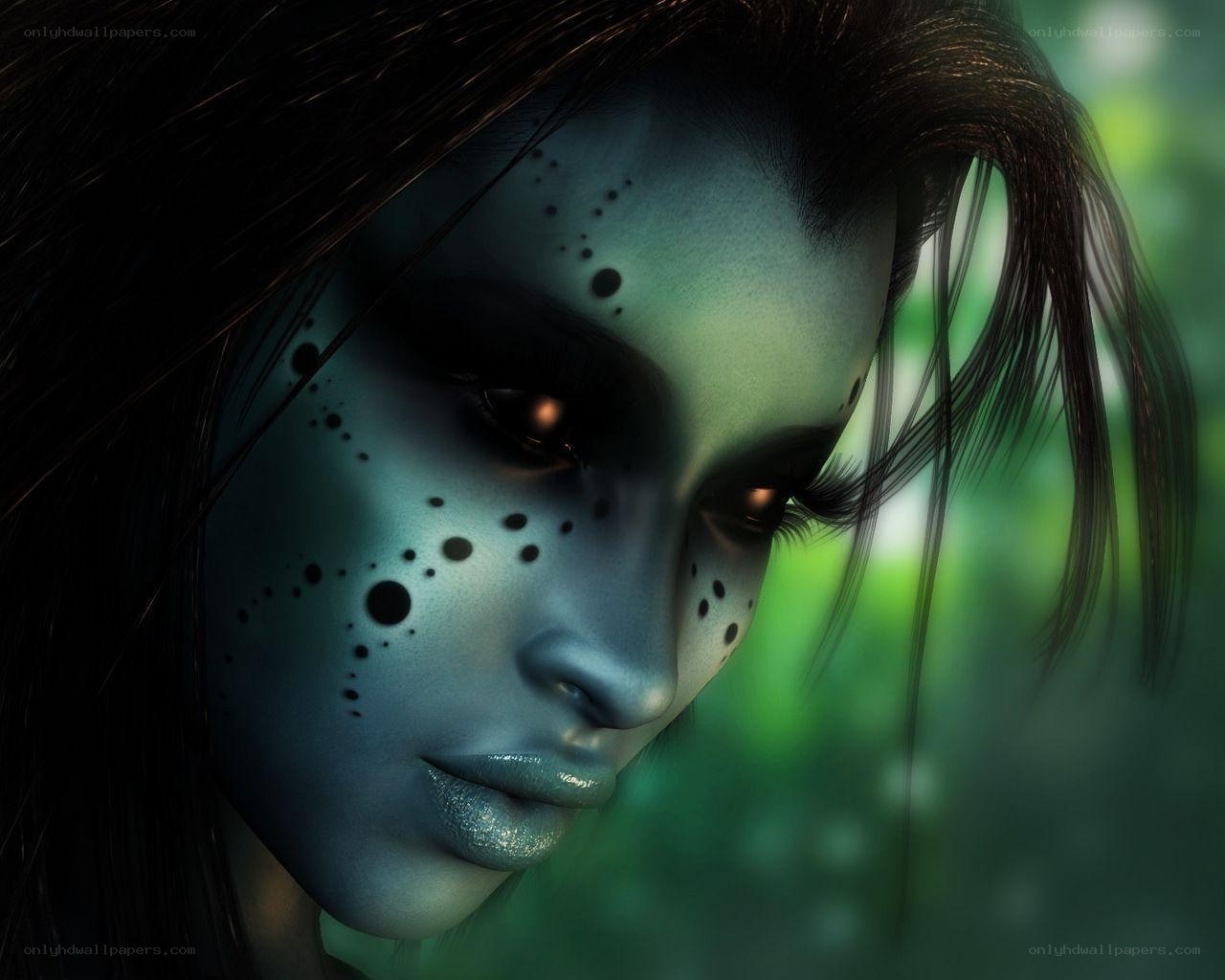 blue-skinned woman with dots