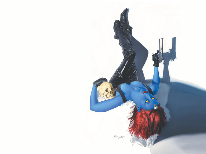 Blue-skinned woman with gun