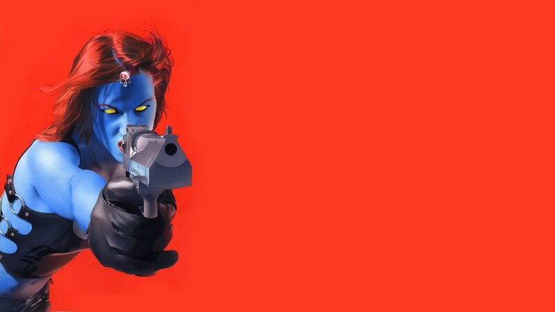 blue-skinned woman with gun