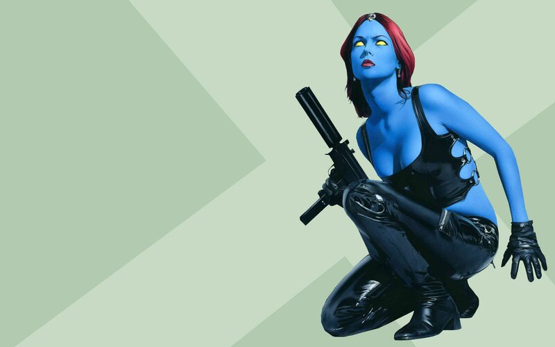 blue-skinned woman with gun