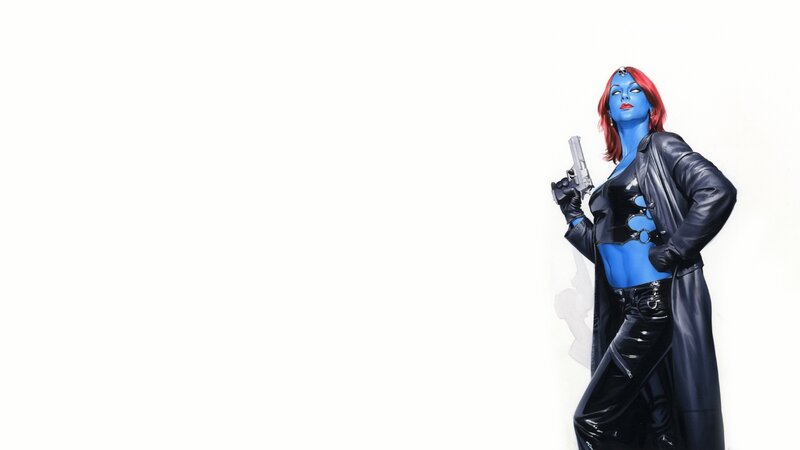 Blue-skinned woman with gun