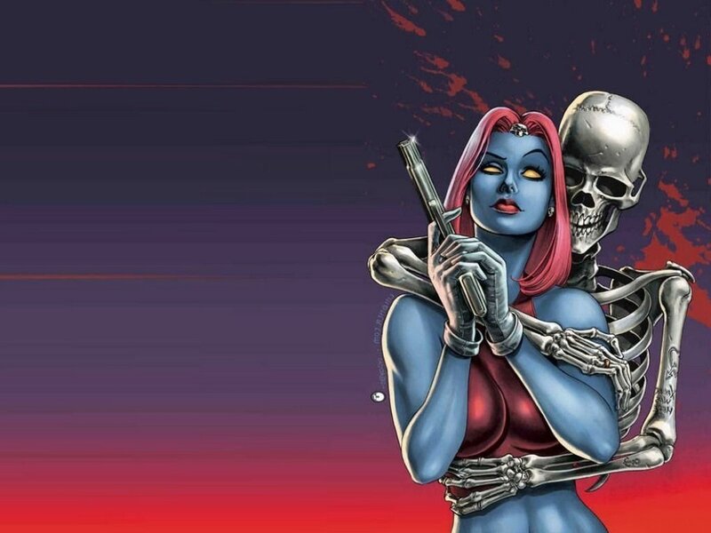 Blue-skinned woman with gun