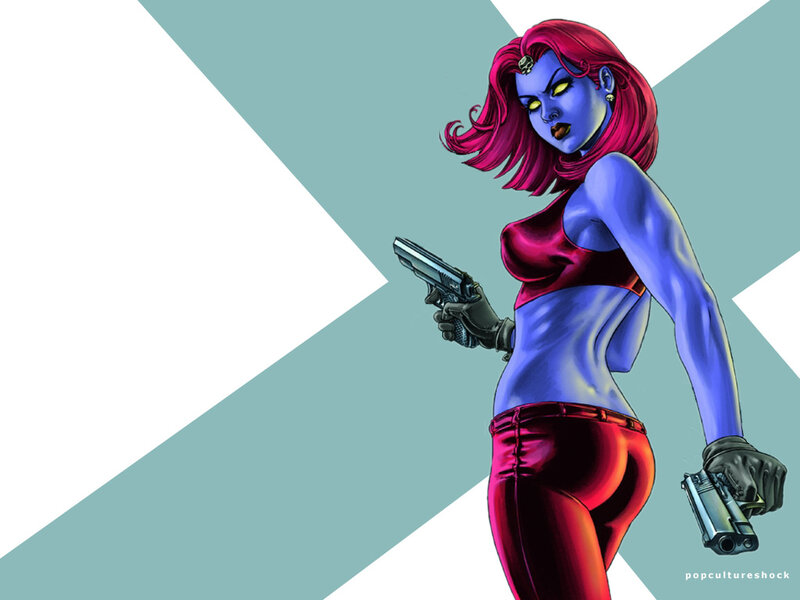 Blue-skinned woman with guns