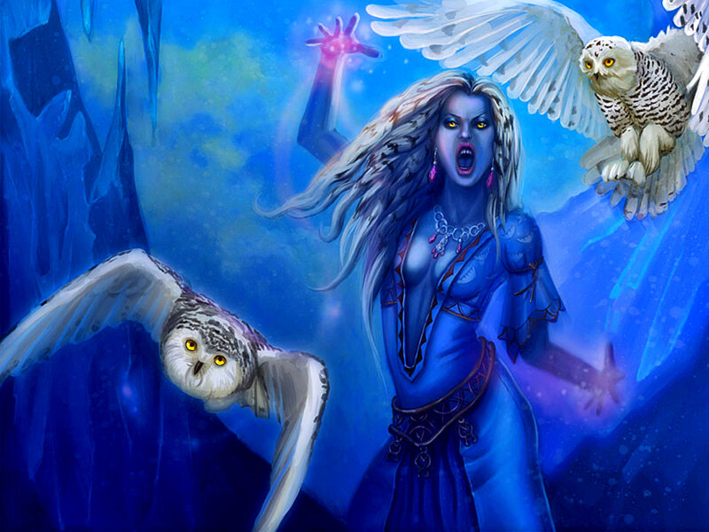 Blue-skinned Woman with Owls
