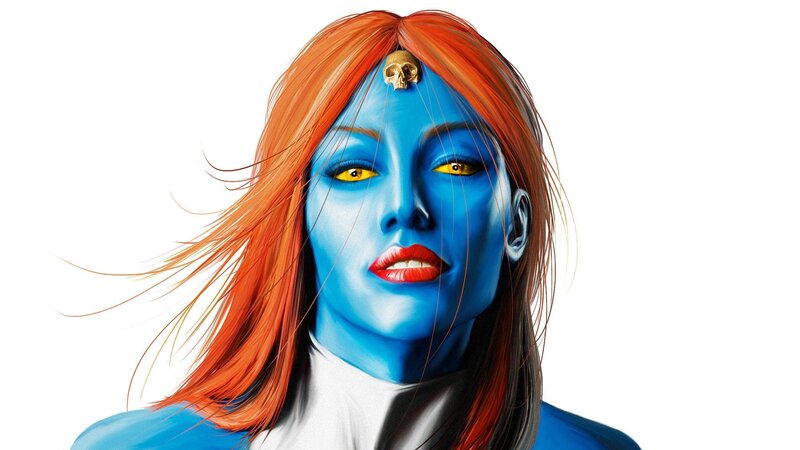 blue-skinned woman with red hair