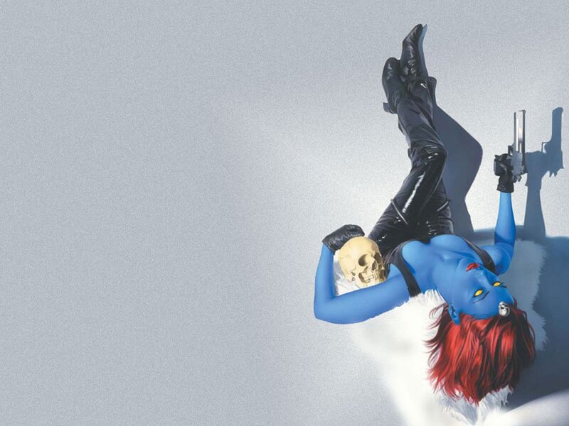 blue-skinned woman with skull and gun