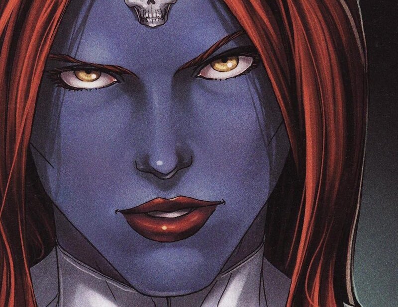 blue-skinned woman with skull tattoo