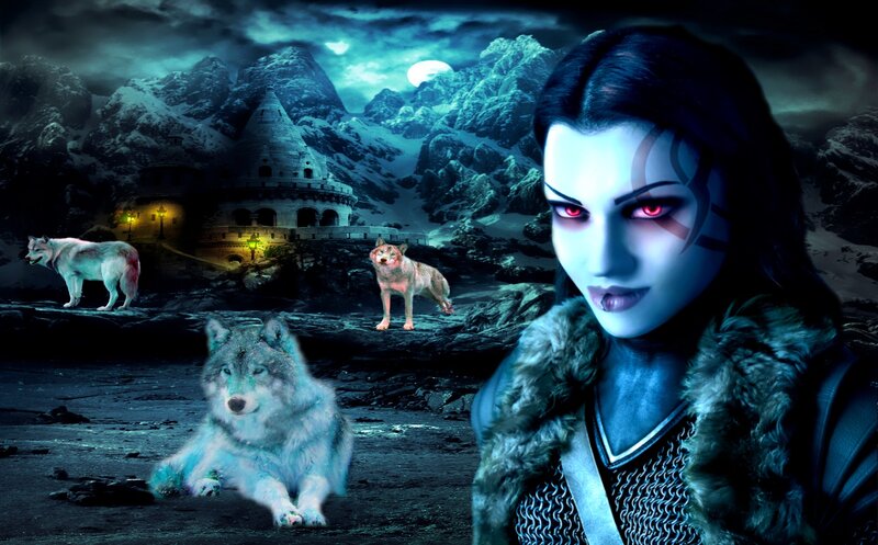 Blue-skinned Woman with Wolves