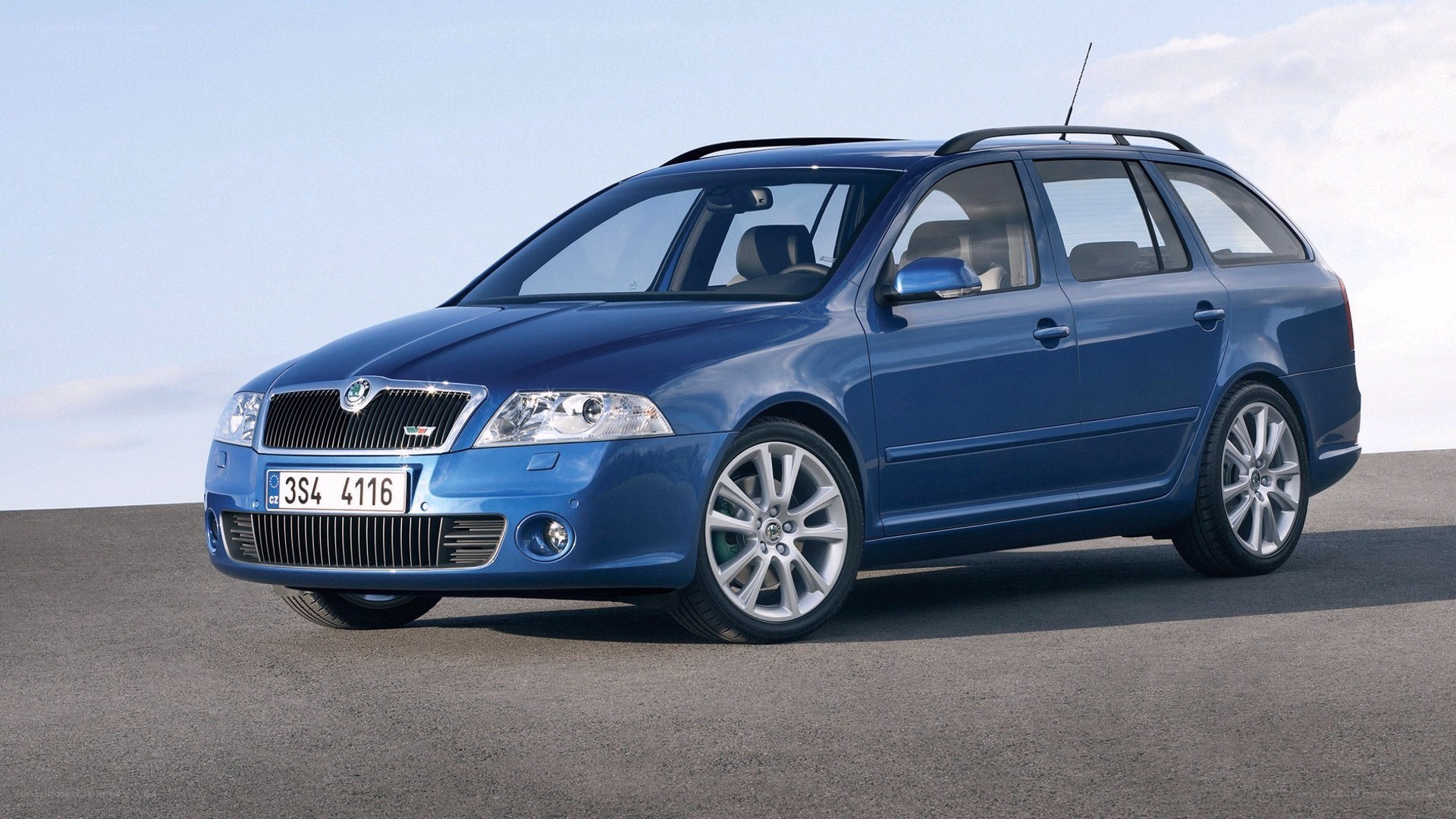 blue skoda station wagon