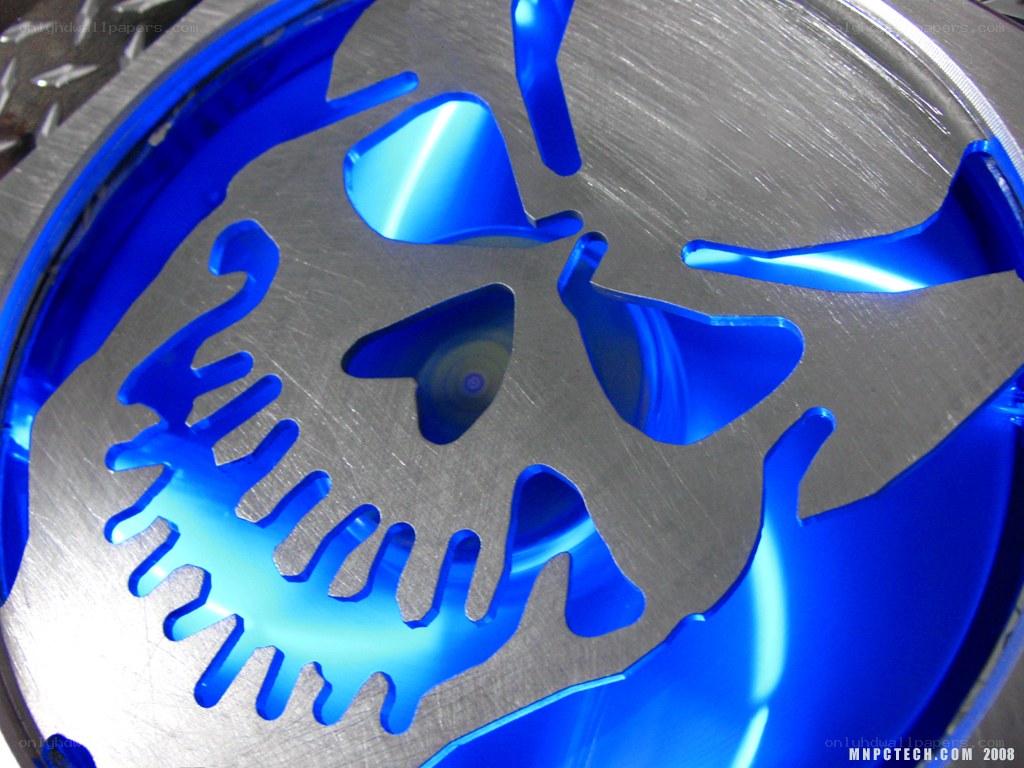 Blue skull design on metal