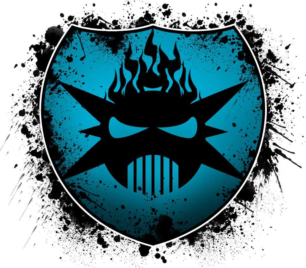 blue skull emblem with splatters