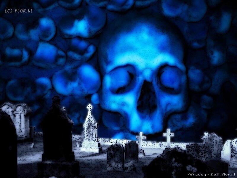 Blue skull in a graveyard