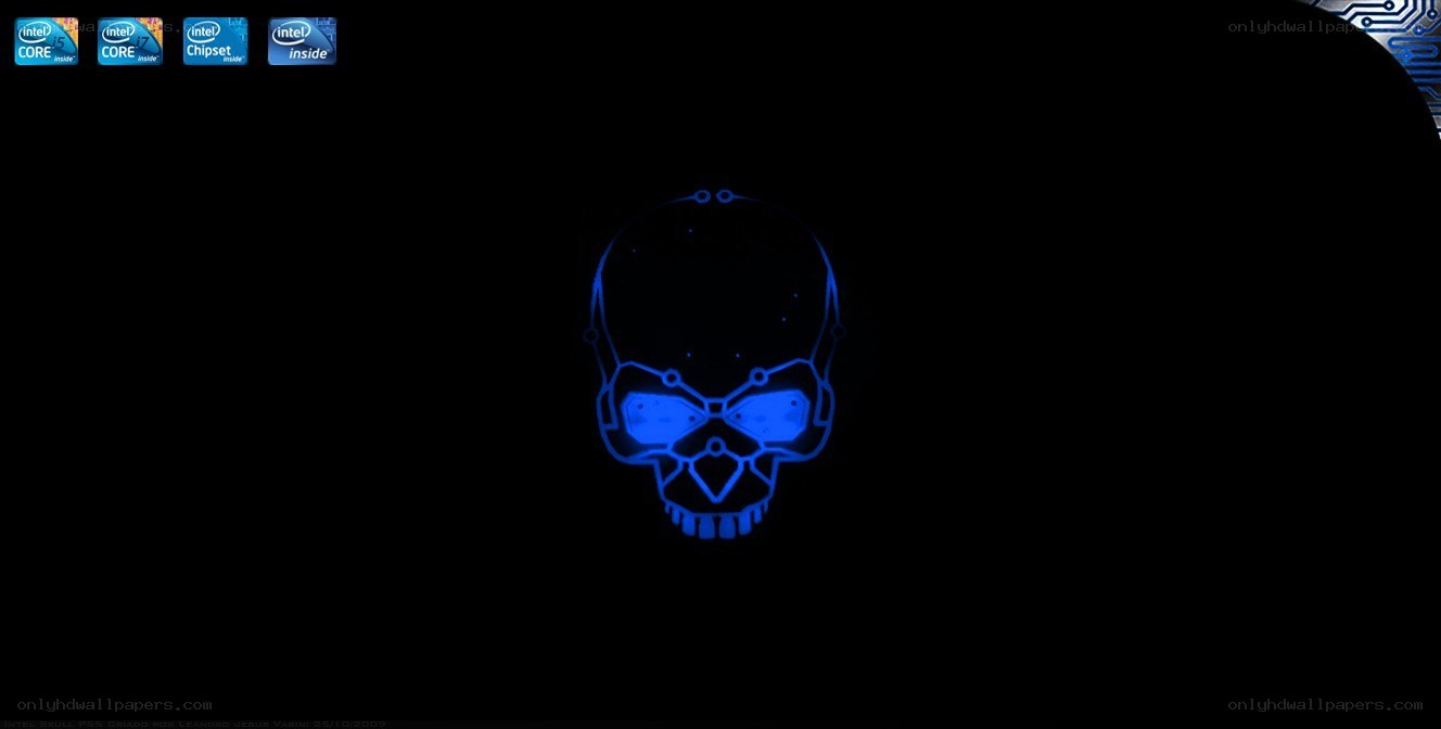 blue skull logo on black