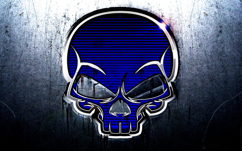 blue skull logo on metal