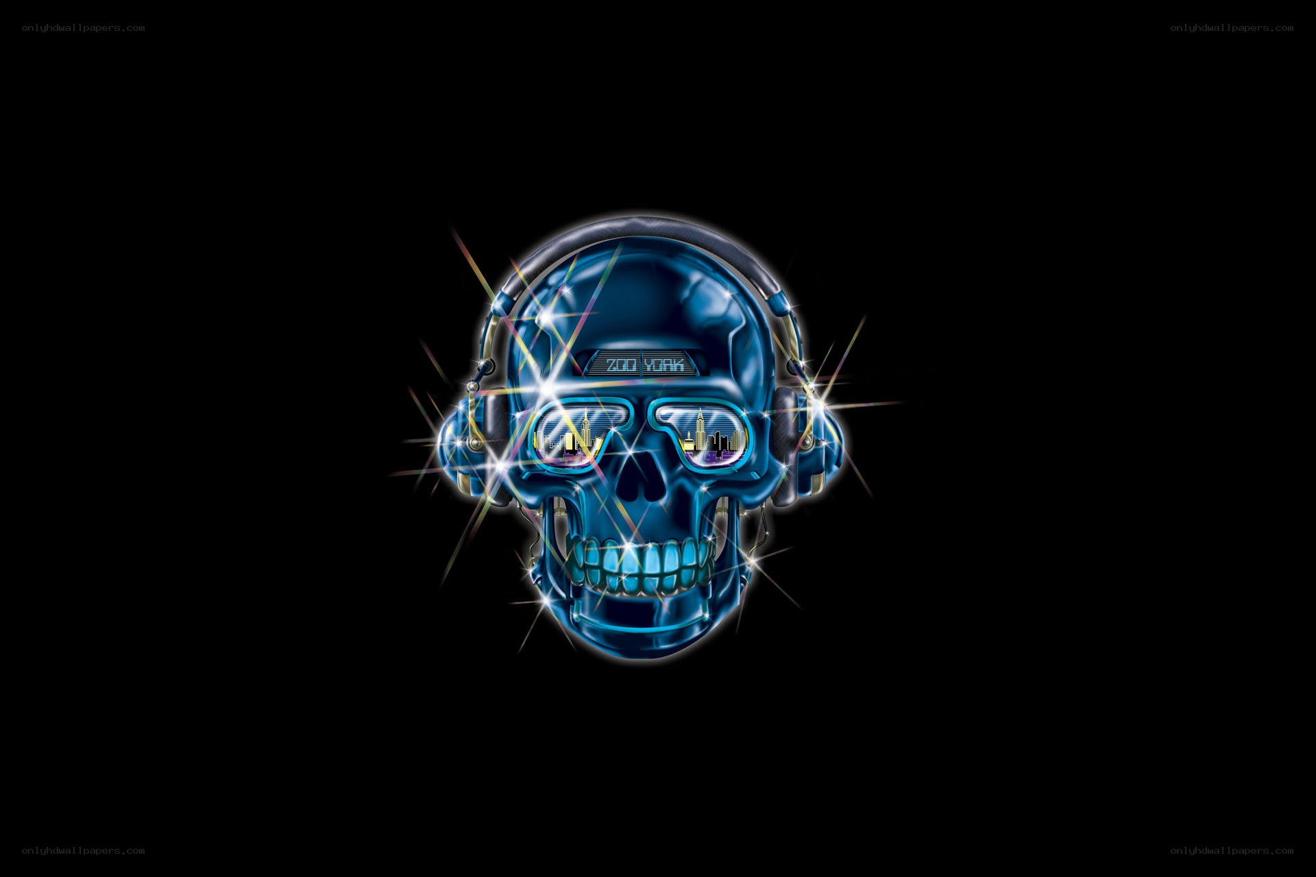 blue skull with headphones
