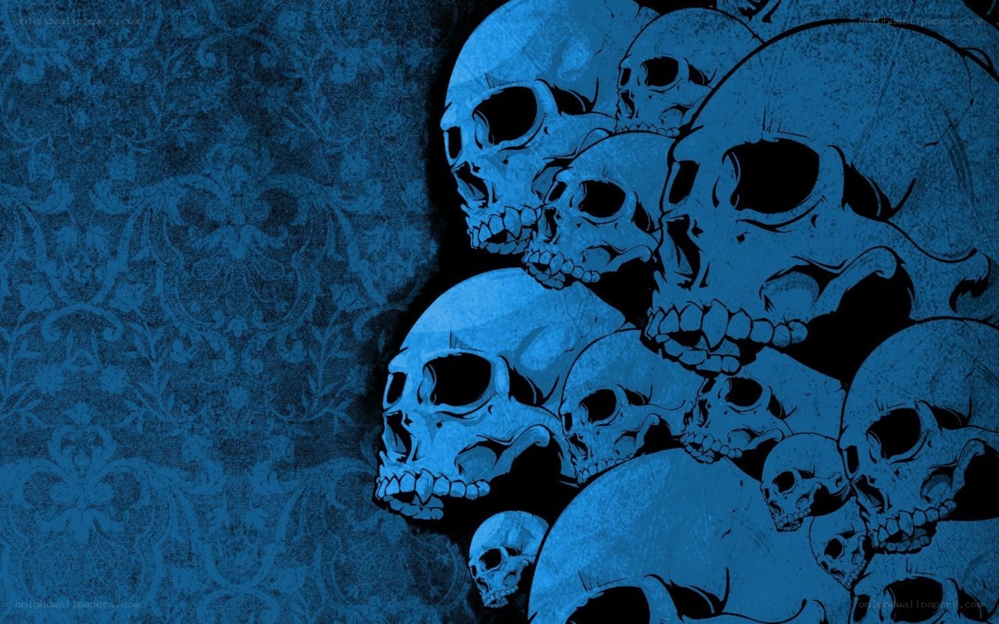 blue skulls on patterned background