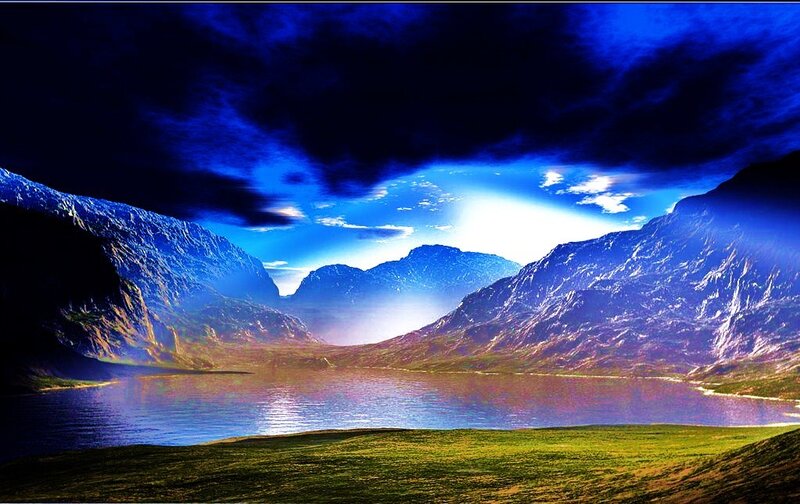 Blue sky over mountain lake
