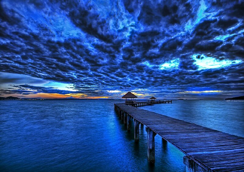 Blue sky pier at sunset