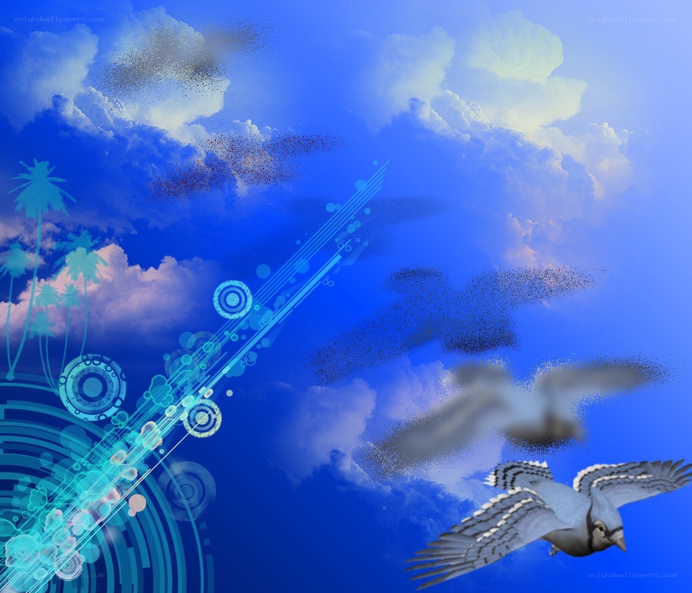 blue sky with birds and digital effects