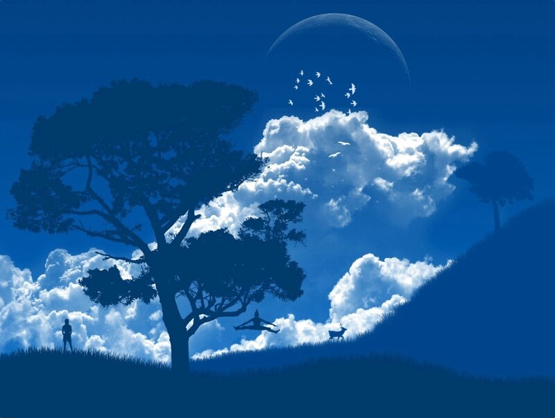 Blue sky with moon and silhouettes
