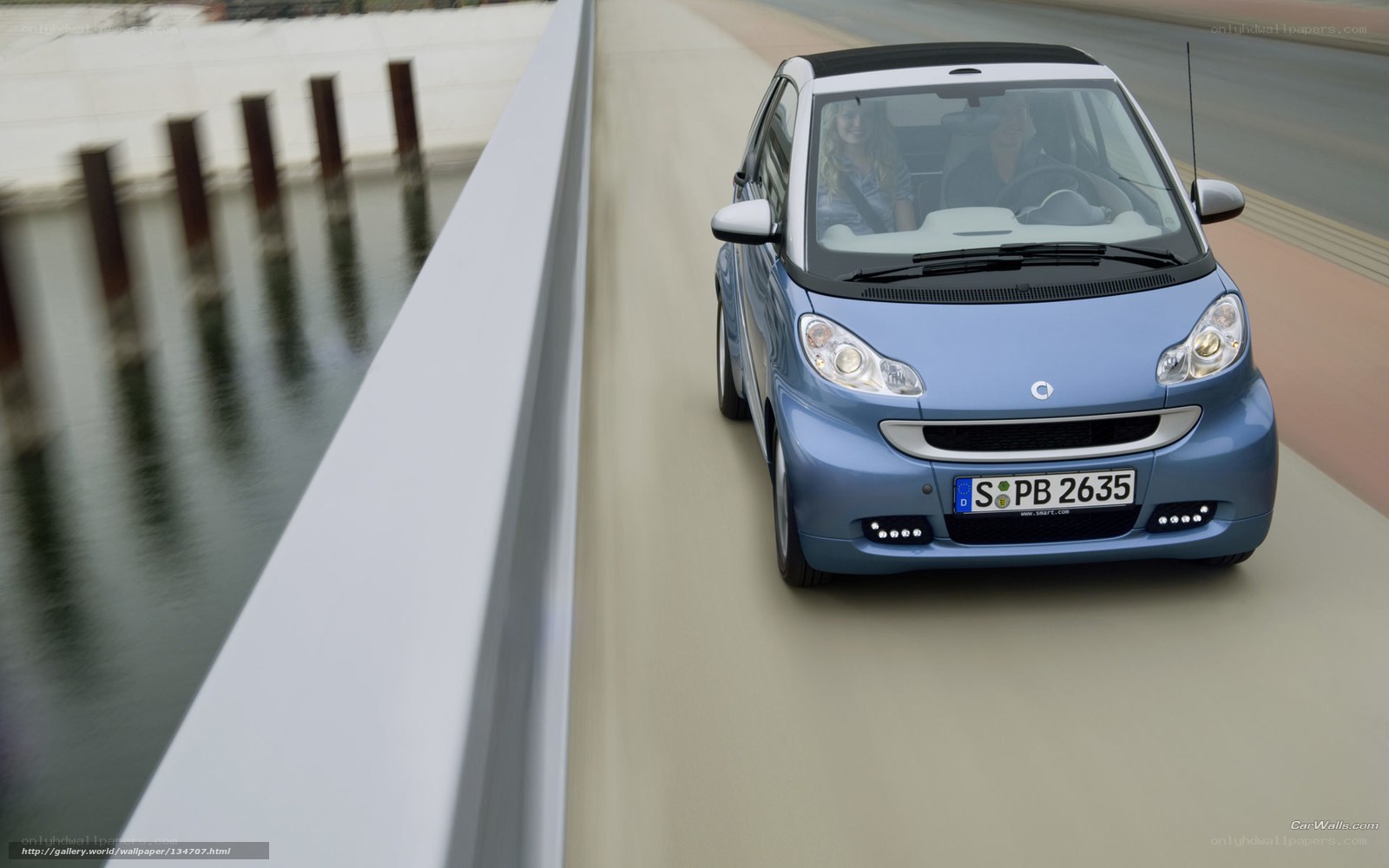 blue smart car on bridge