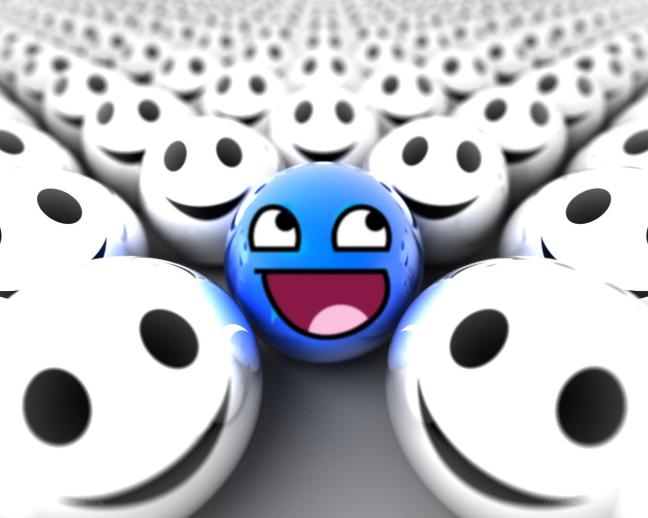 Blue smiley among white ones