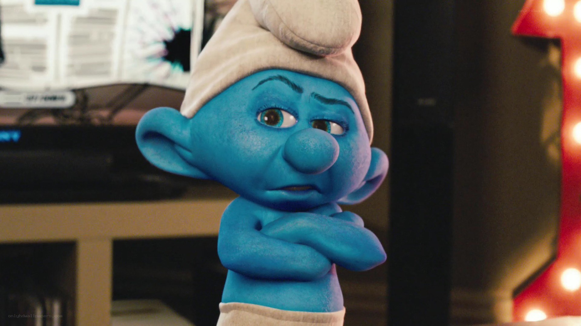blue smurf with arms crossed