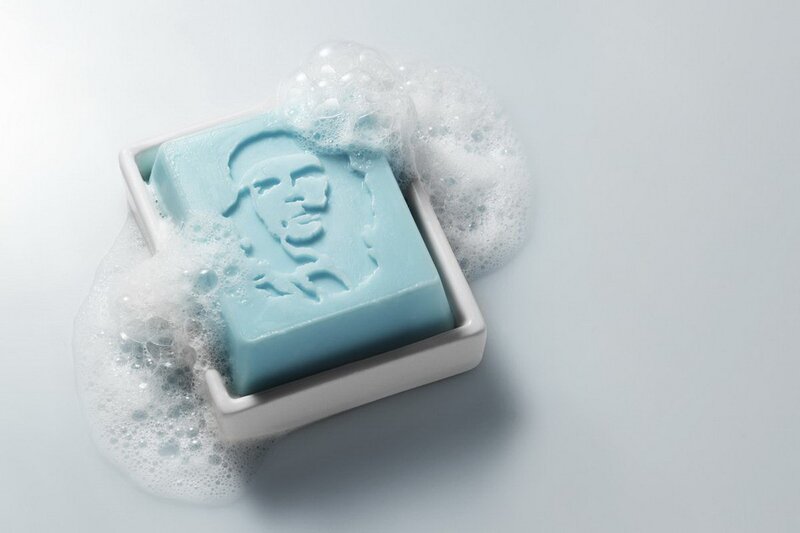 blue soap with face design