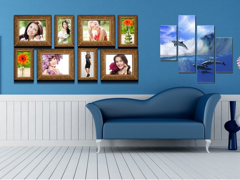 Blue Sofa with Wall Art