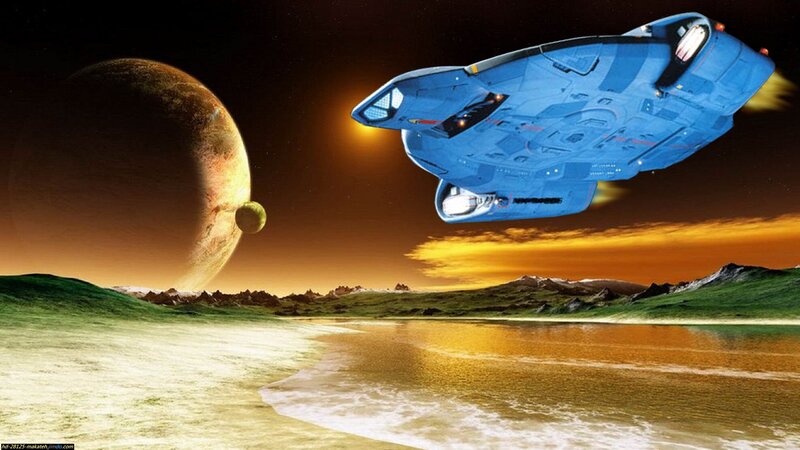 Blue Spaceship over Planet