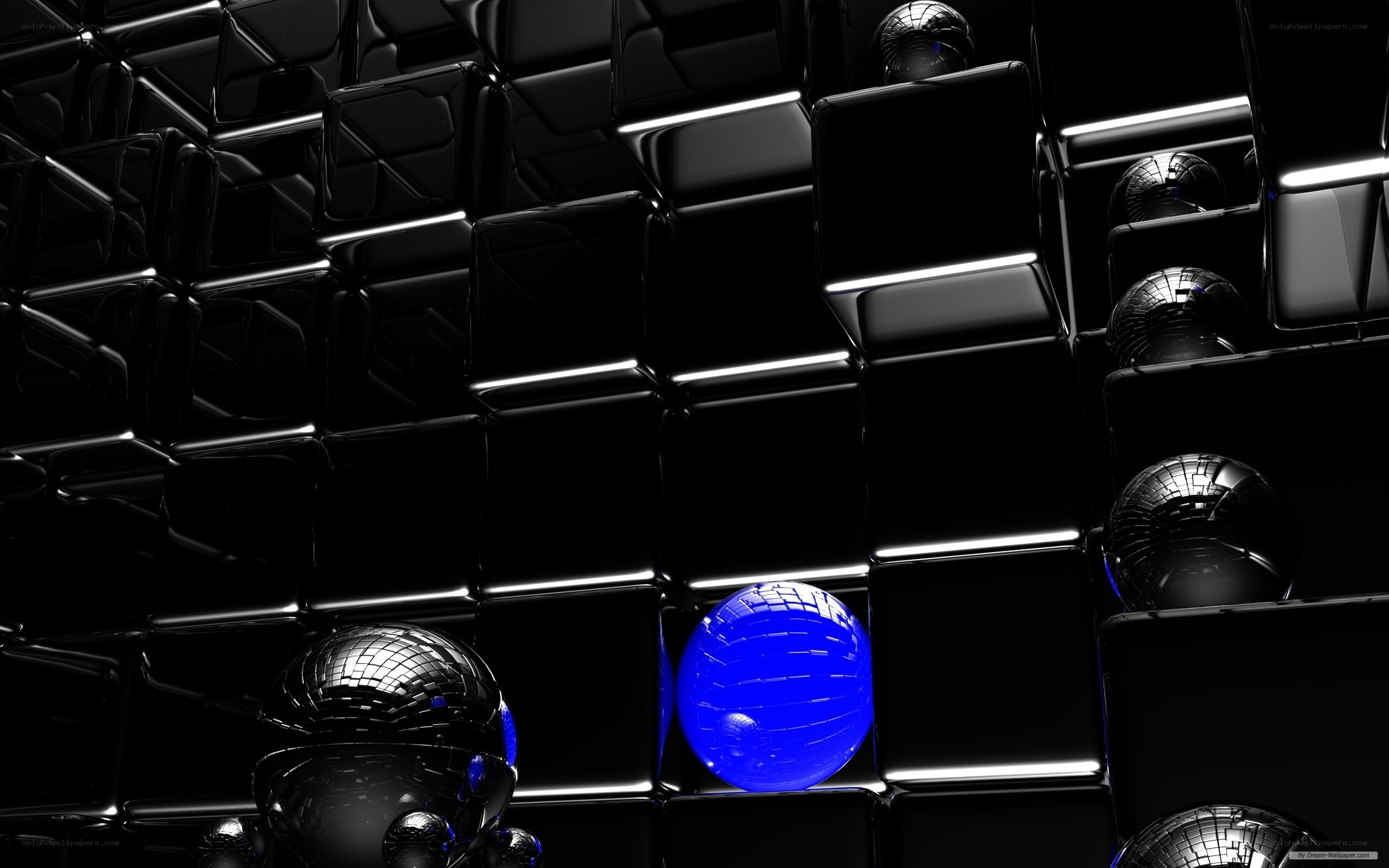 blue sphere among black cubes