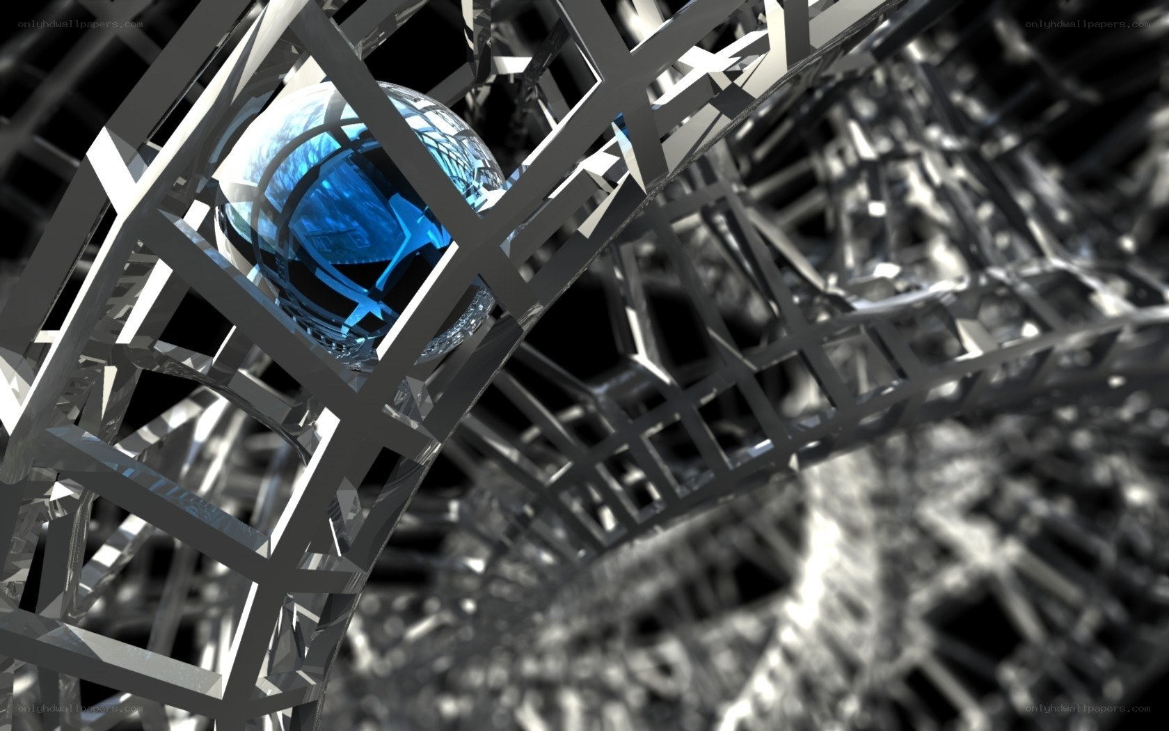 blue sphere in metal lattice