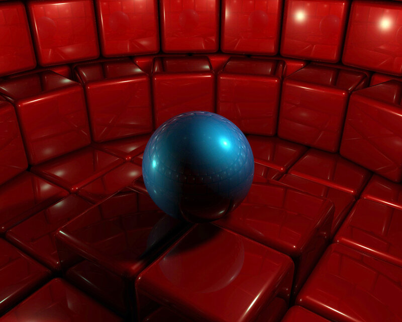 blue sphere in red cube room