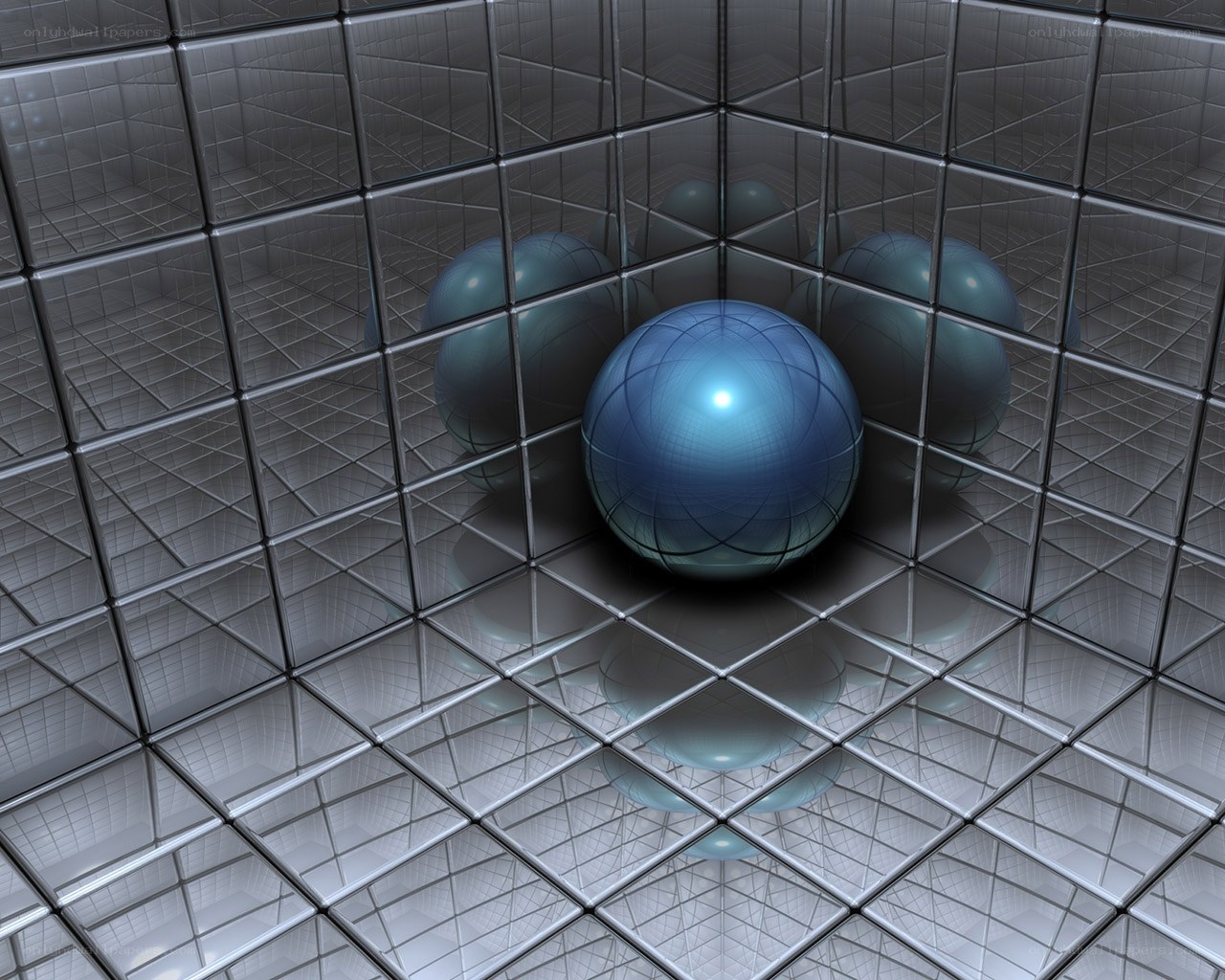 Blue sphere in tiled room
