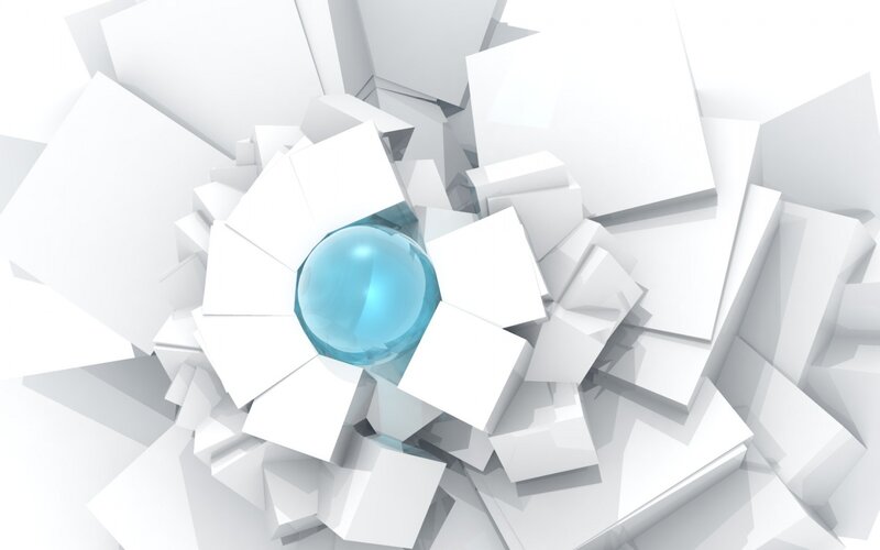 Blue Sphere in White Cubes — Abstract, 3d Render, Shards