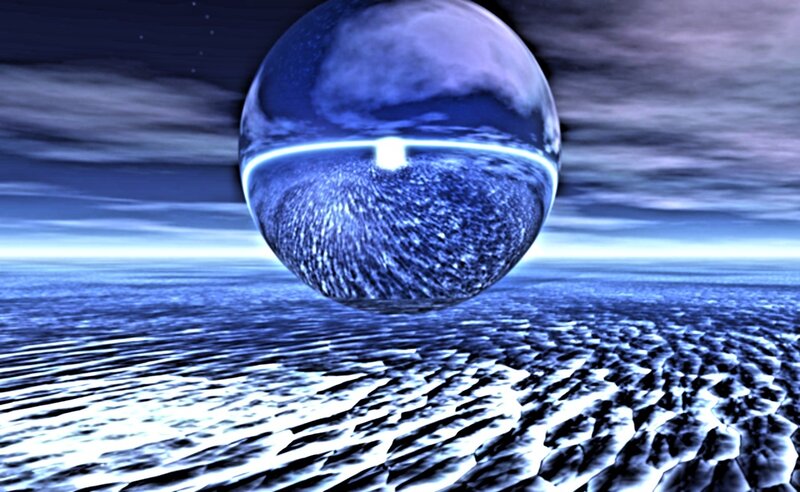 blue sphere over alien landscape