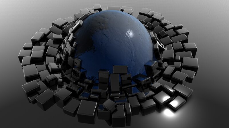 blue sphere surrounded by black cubes