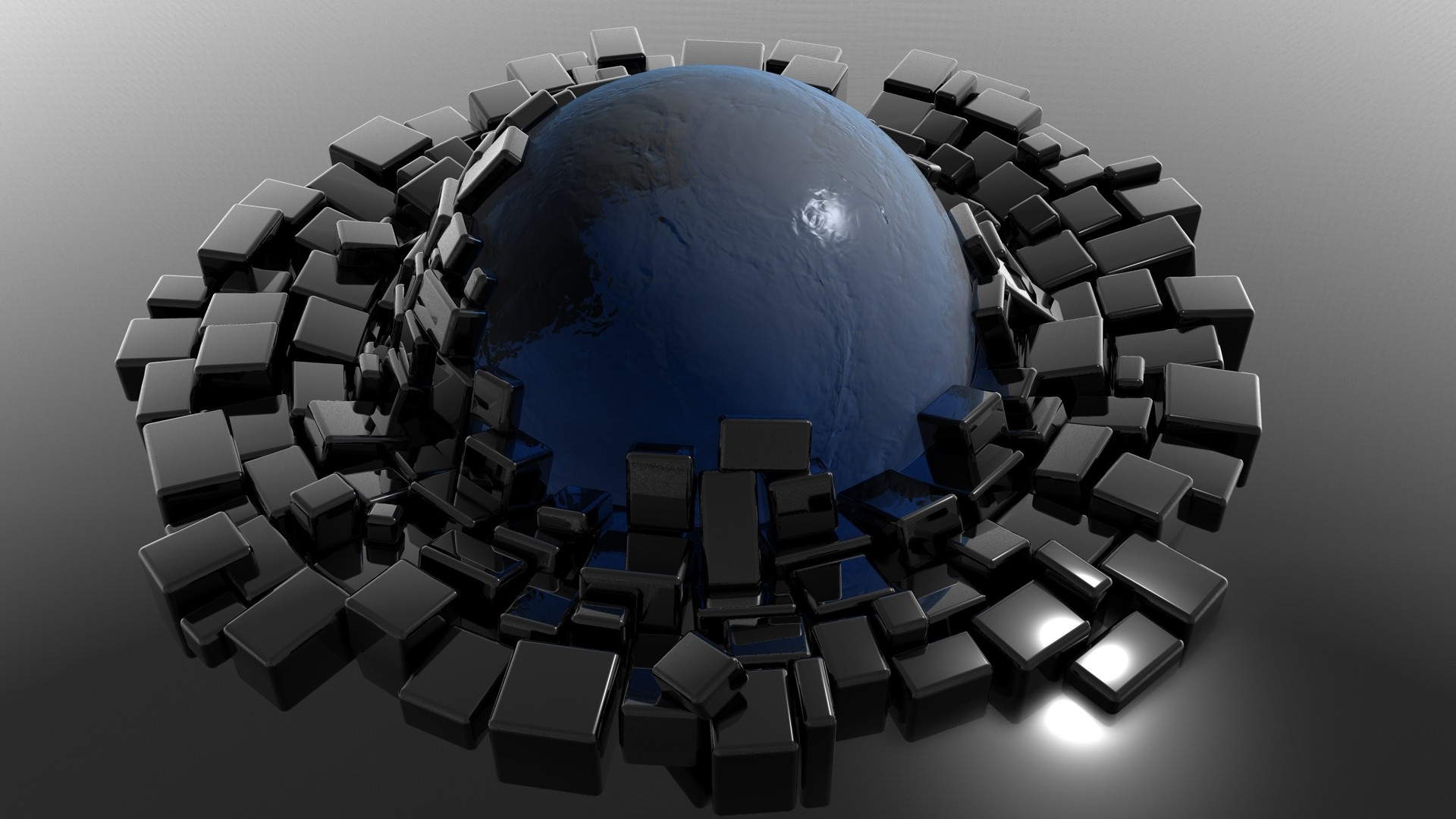 blue sphere surrounded by black cubes