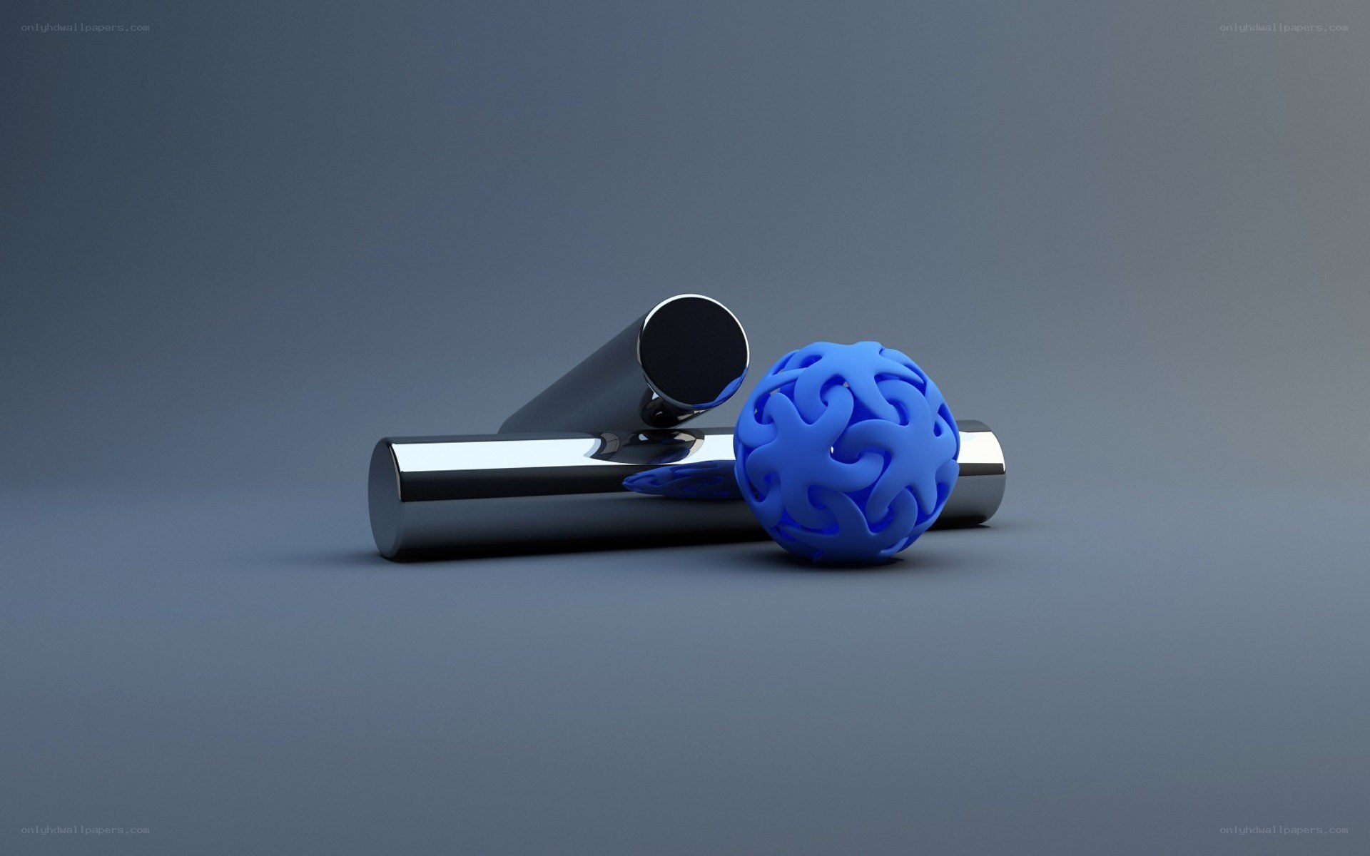 Blue sphere with metal cylinders