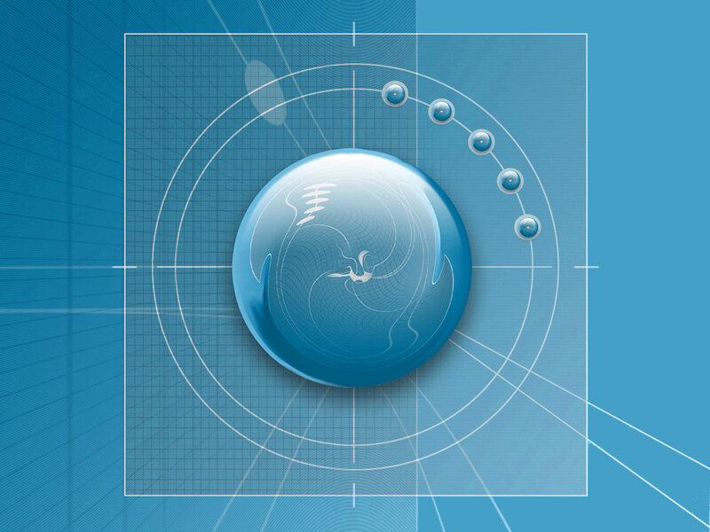 blue sphere with orbiting dots
