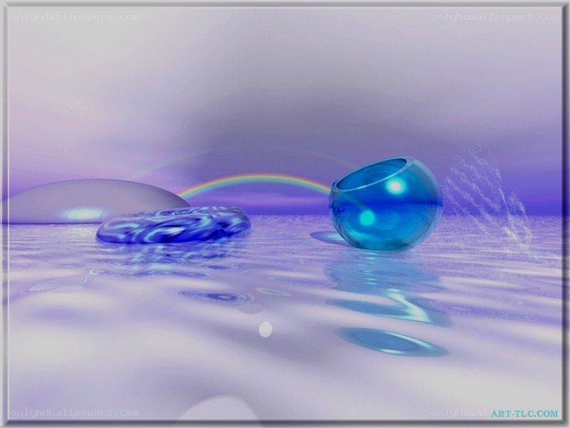 Blue spheres on water with rainbow