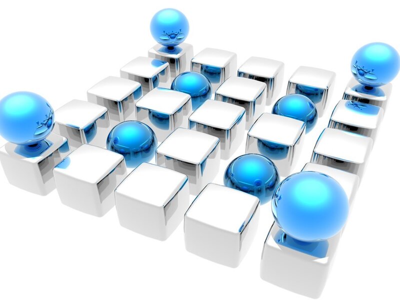 Blue spheres on white cubes