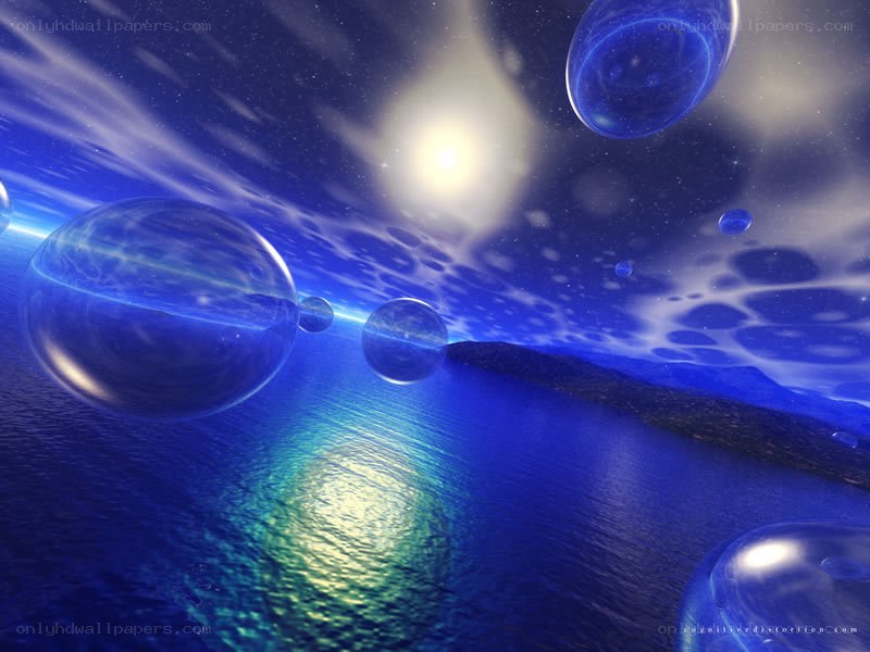 Blue spheres over ocean landscape